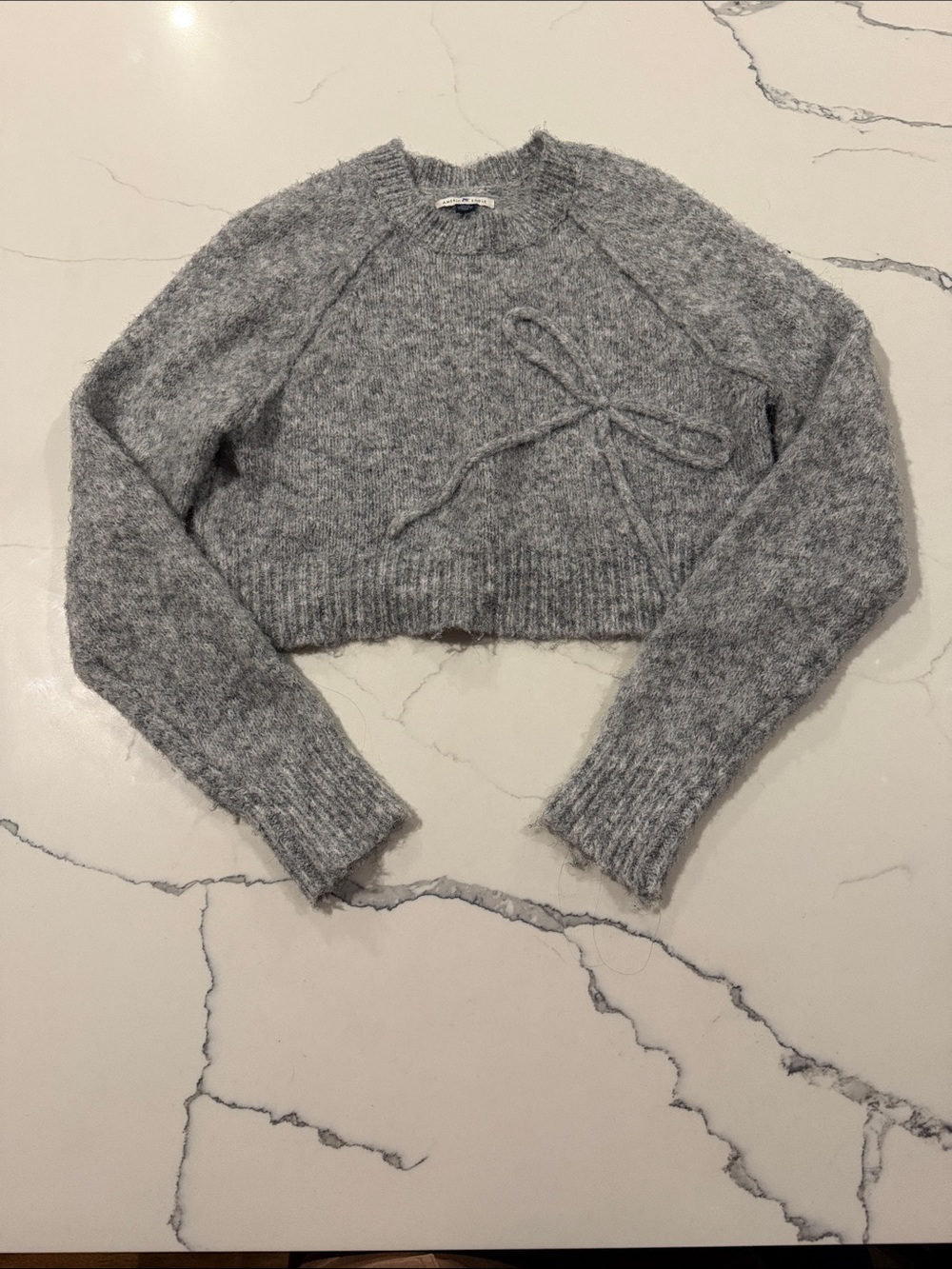 American Eagle Outfitters Heather Gray Cropped Crewneck Sweater with Bow